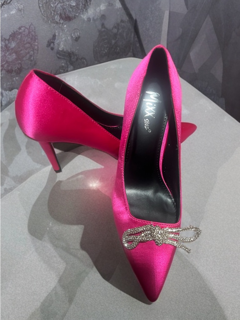 Mixx Shuz Hot Pink Satin Pointed-Toe Heels with Crystal Bow